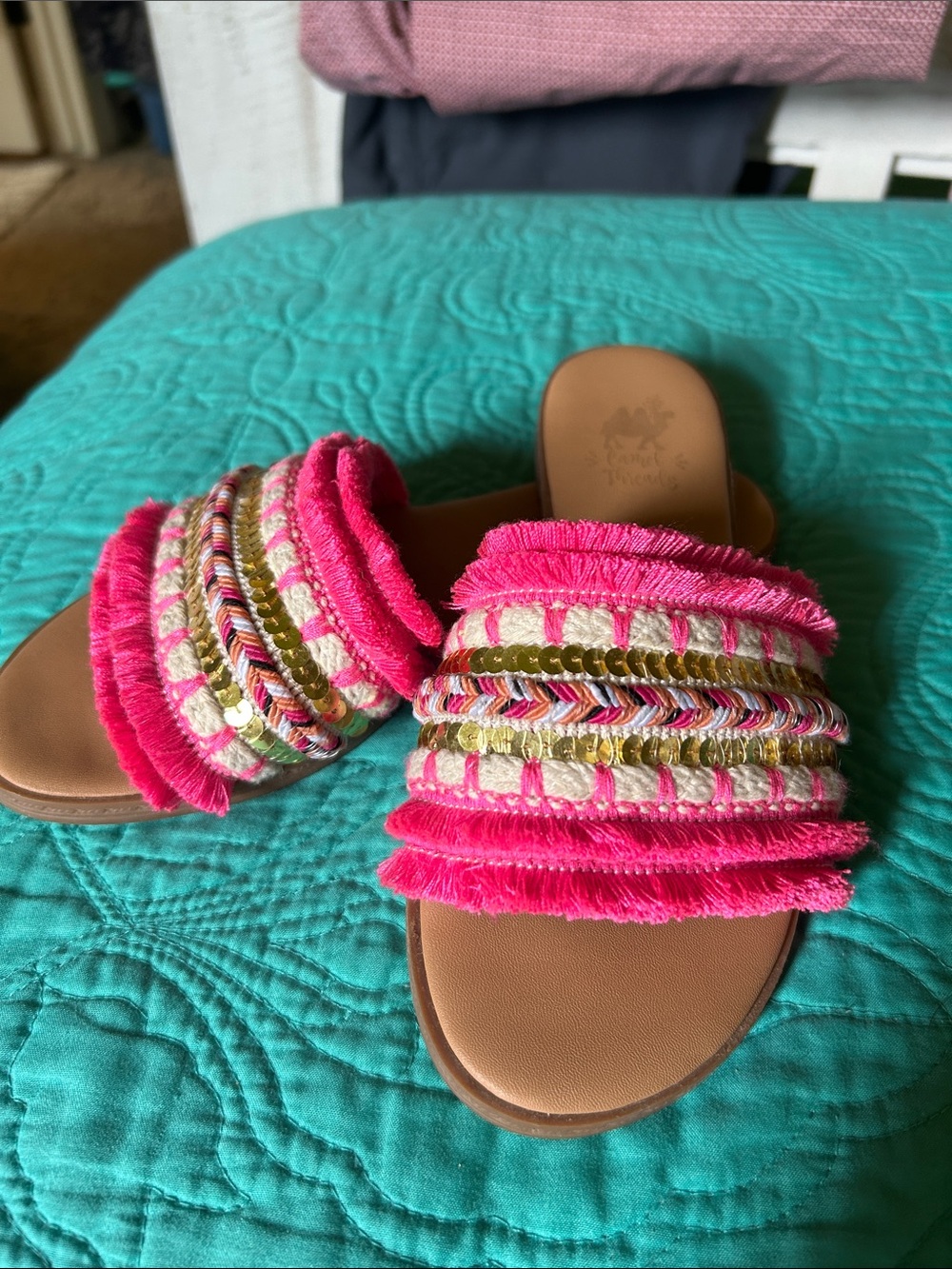 Women’s Pink Beaded Fringe Slide Sandals